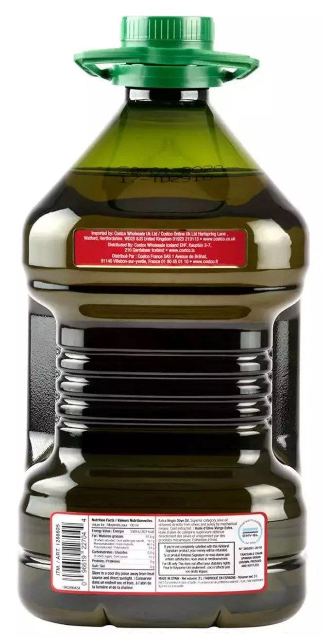 Kirkland Signature 100% Spanish Kosher Extra Virgin Cold Extracted Olive Oil 3L