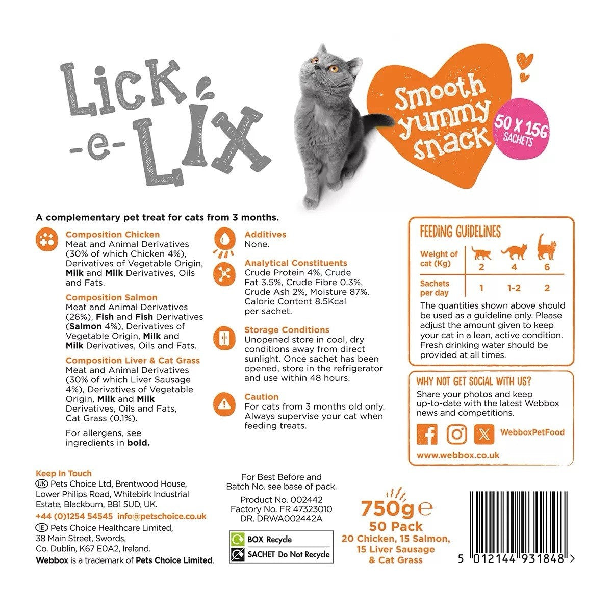 Webbox Lick-e-Lix Cat Treat Mega Mix Chicken Salmon Liver Sachets Pack 50 x 15g
