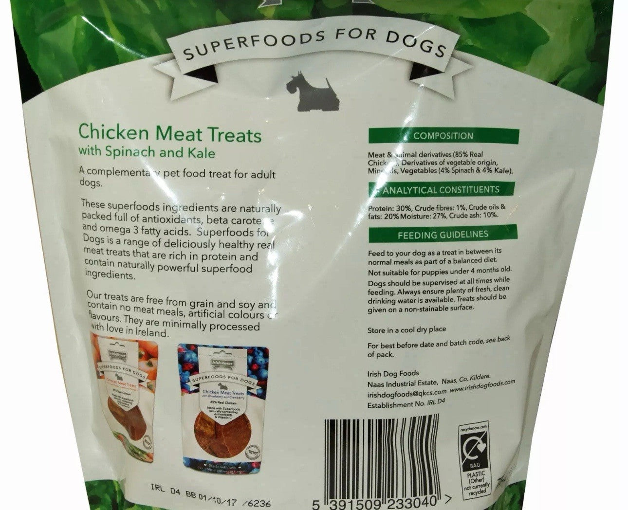 2 x 1.5Kg (3Kg) Irish Rover Dog Treats Chicken Meat Treats with Spinach and Kale