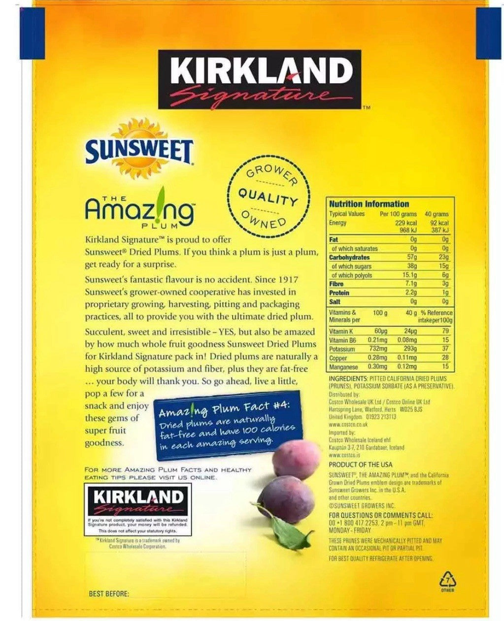 Kirkland Signature Sunsweet Pitted Dried Plums Dry Whole Fruit Prune Pack 1.59kg