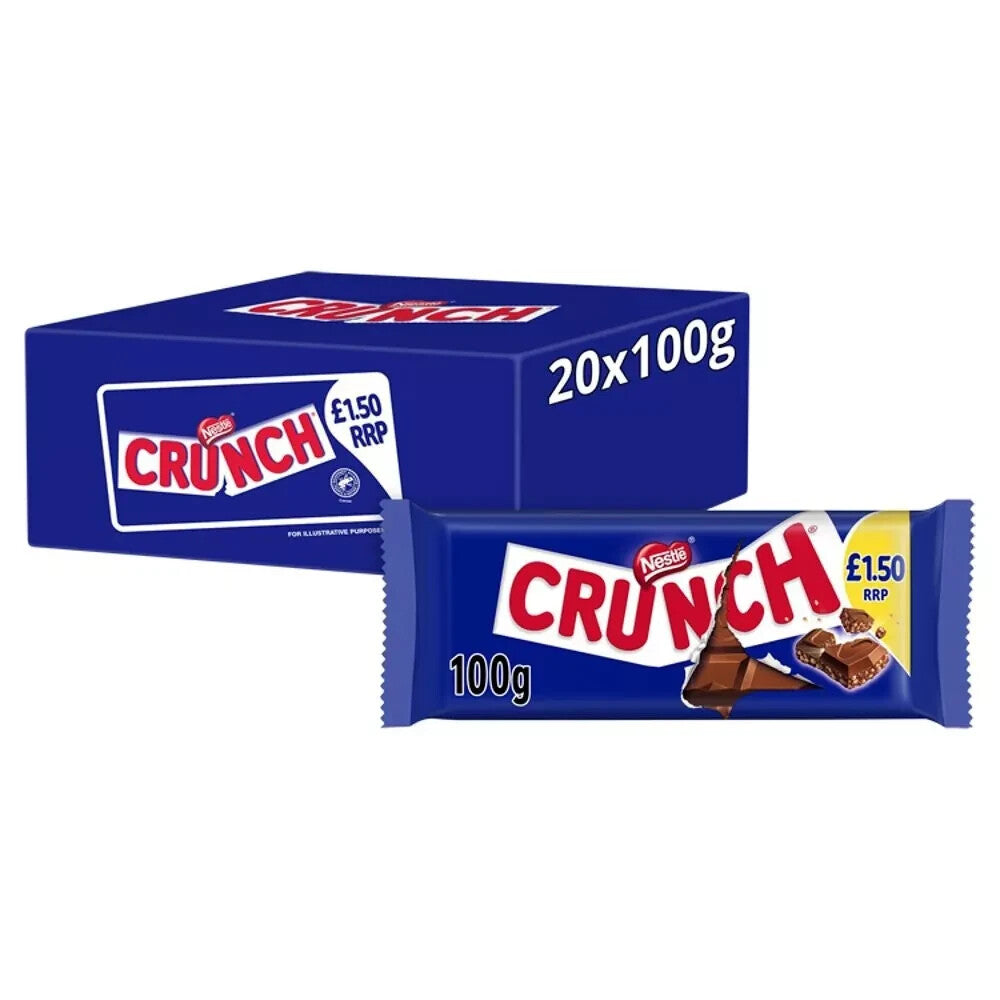 Full Box of 20 Nestle Crunch Milk Chocolate Sharing Bars 100g Fast Delivery
