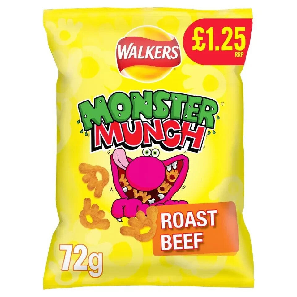 MONSTER MUNCH CRISPS SHARE BAGS £1.25 FULL CASE OF 18 BEEF Flavour x 72g Only