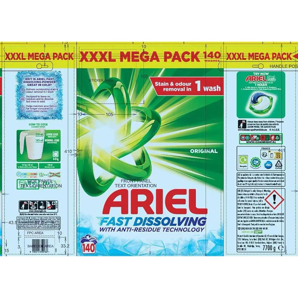 ARIEL Fast Dissolving Clothes Washing Powder 140 Wash 7.7Kg
