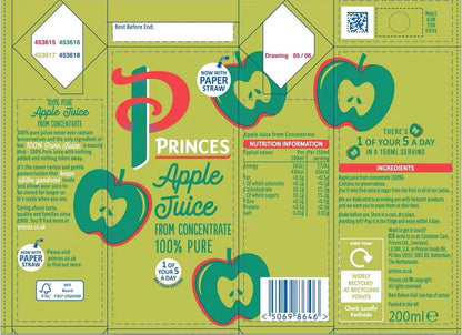 Princes Apple Juice From Concentrate Pure Juice Drink Carton Box Pack 27 x 200ml