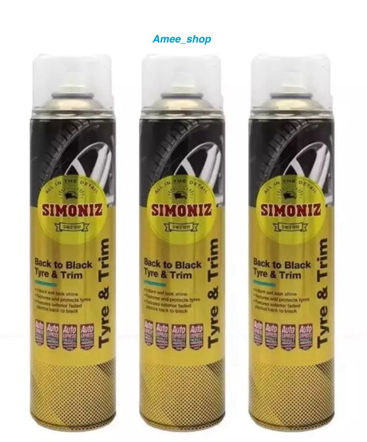 Simoniz Back To Black Tyre Trim Wet Look Shine Spray Plastic Exterior 3 x 600ML