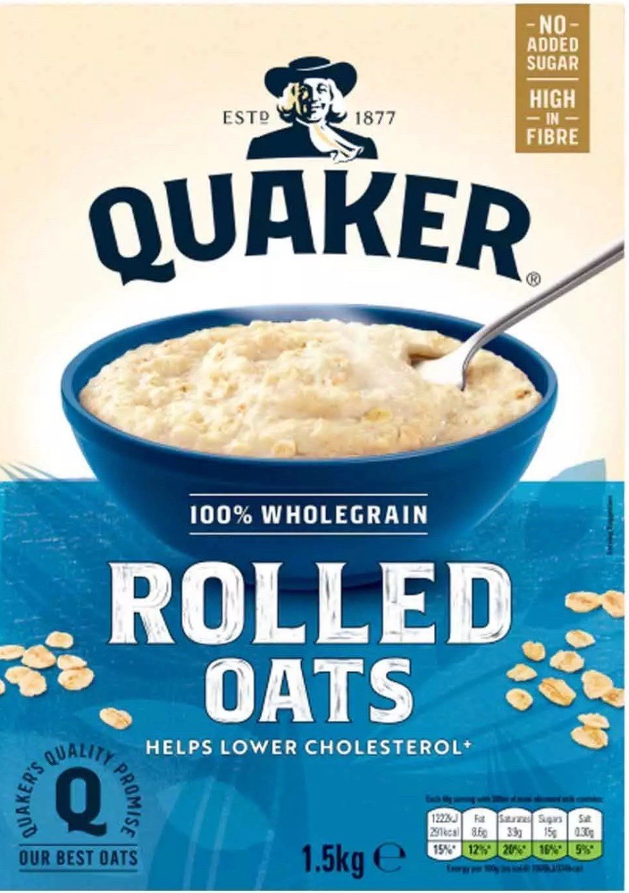 Quaker Rolled Oats Wholegrain Porridge Breakfast Cereal No Sugar Pack 2 x 1.5kg