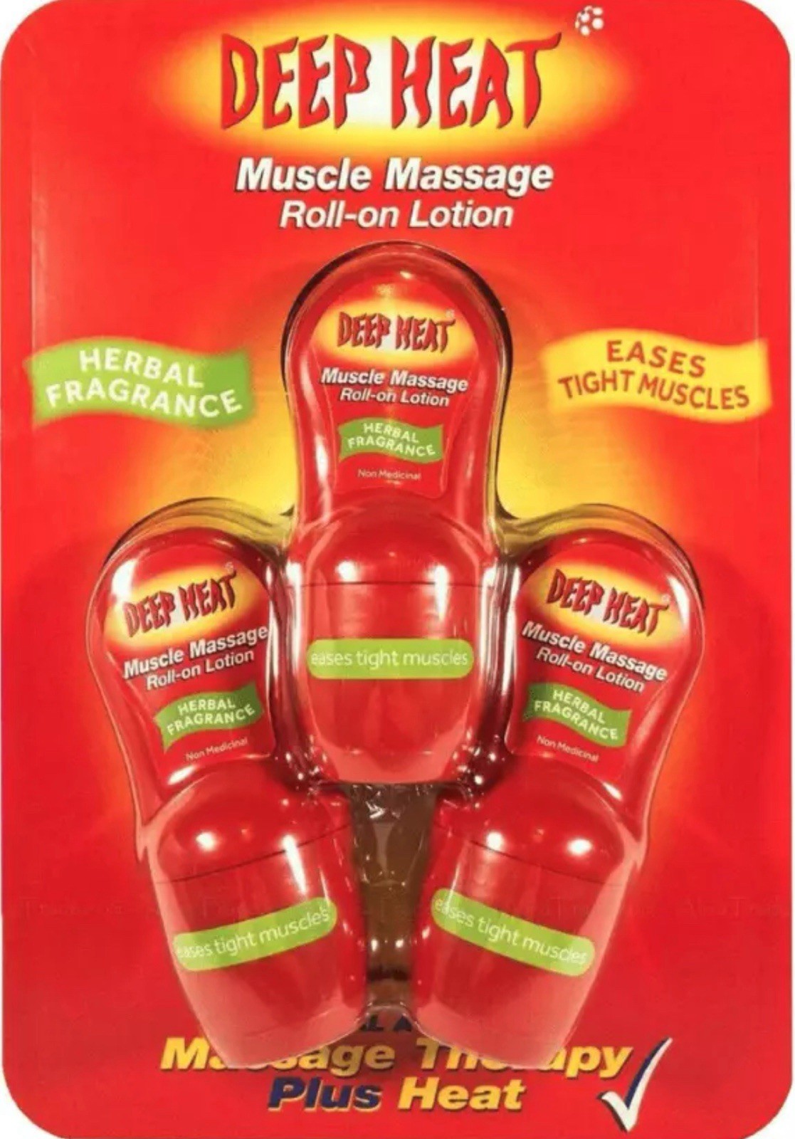 A Pack containing Three Deep Heat Muscle Massage Roll-On Lotions 50ml