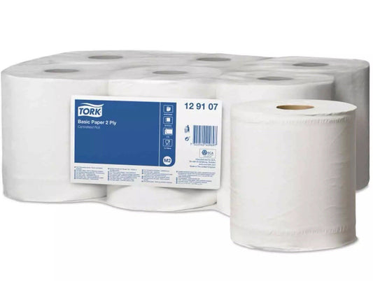 Tork 129107 Centrefeed 2-Ply Basic Wiping Paper - White (Pack of 6 Rolls)