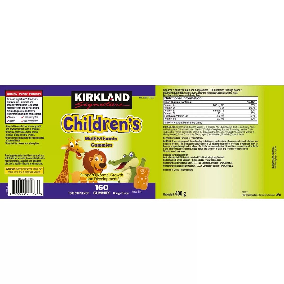 Kirkland Signature Children's Kids Multi Vitamin Bear Shaped Pack 2x160 Gummies