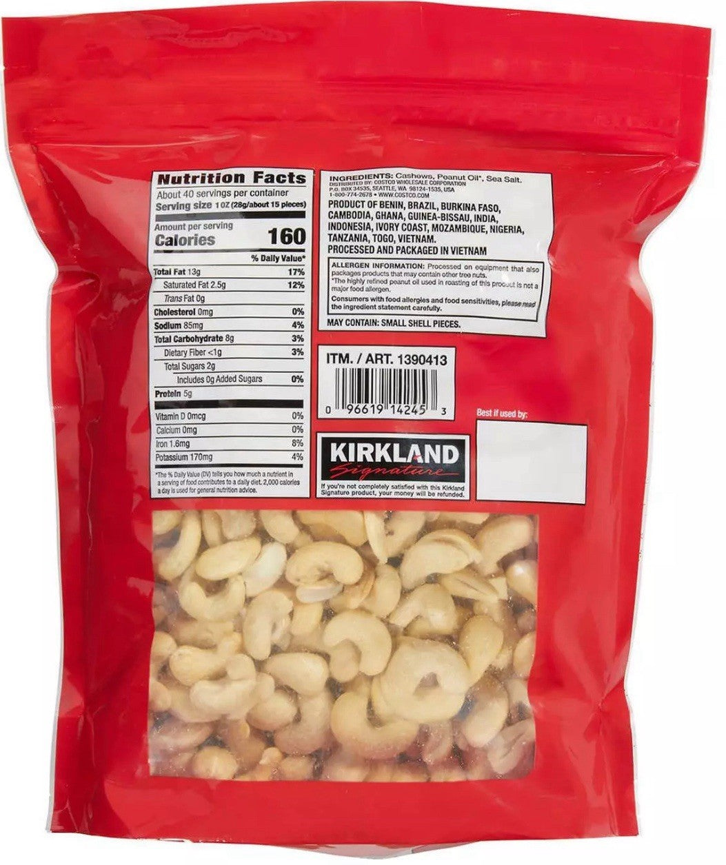 Kirkland Signature Fancy Whole Cashews with Sea Salt Food Nuts Pack of 1x1.13kg