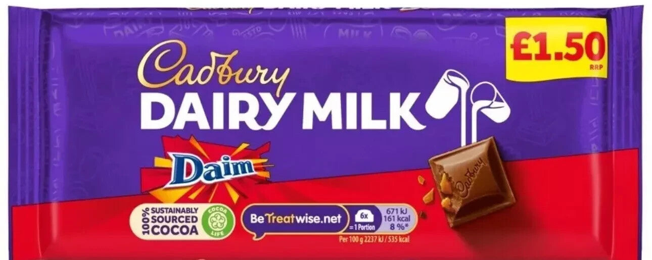 Cadburys Chocolate Dairy Milk Daim £1.35 Large Bars 18 X 120g Only