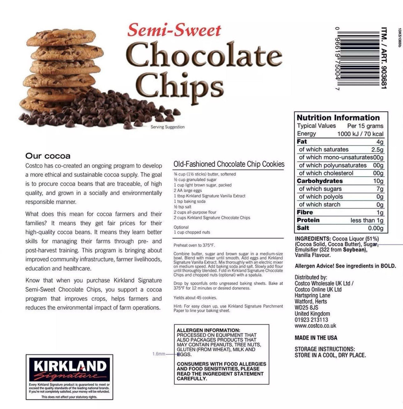 Kirkland Signature Semi-Sweet Chocolate Chips Cocoa Real Vanilla Pack 2.04kg