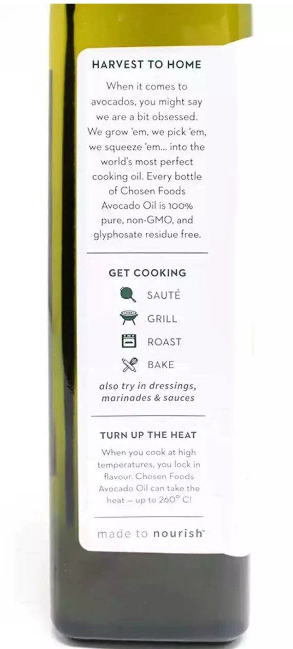 Chosen Foods 100% Pure Avocado Oil All Purpose Natural Cooking Bottle Pack 1L