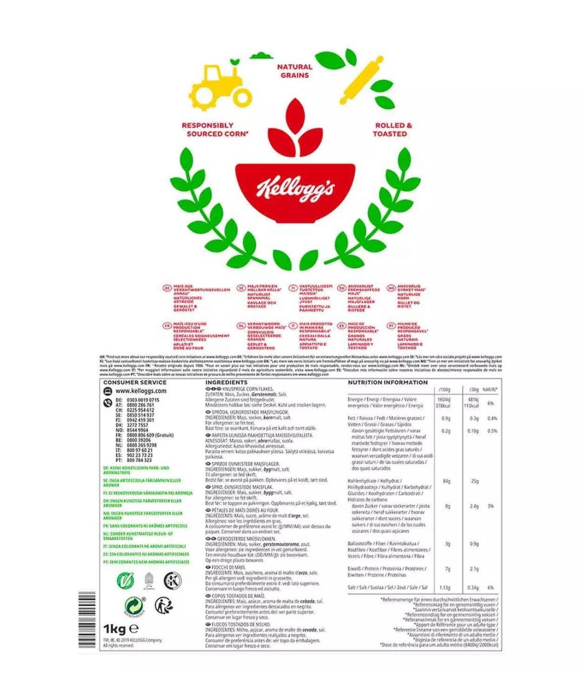 Kellogg's Corn Flakes Breakfast Cereal Crunchy Grain Golden CornFlake Pack 2x1kg