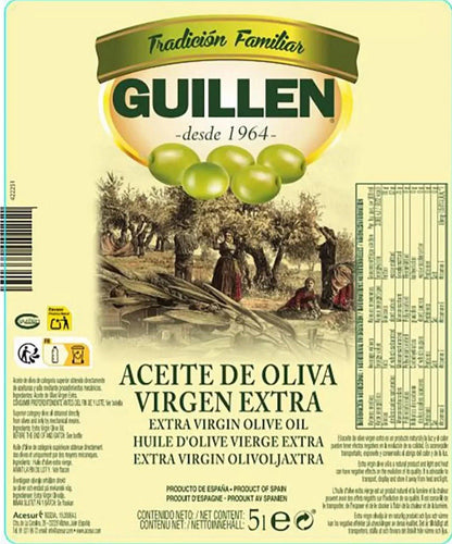 Guillen Extra Virgin Olive Oil Spain Rich Flavour Dressing Superior Category 5L