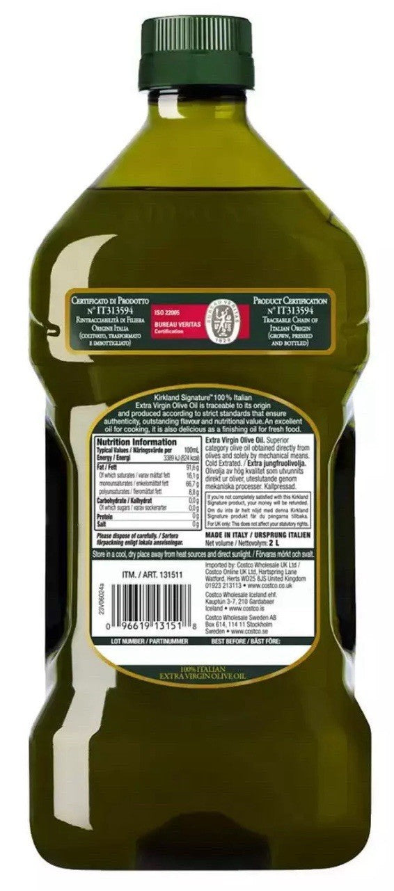 Kirkland Signature 100%Italian Extra Virgin Olive Oil Cooking Kosher Pack 2Litre