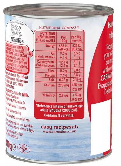 Nestle Carnation Evaporated Milk Dessert Pudding Rich Creamy Topping Pack12x410g