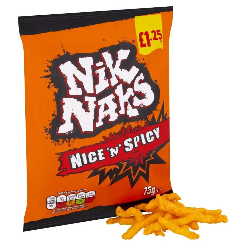 Full Box of 20 Bags Nik Naks Nice 'N' Spicy Flavour 75g Free Tracked Delivery