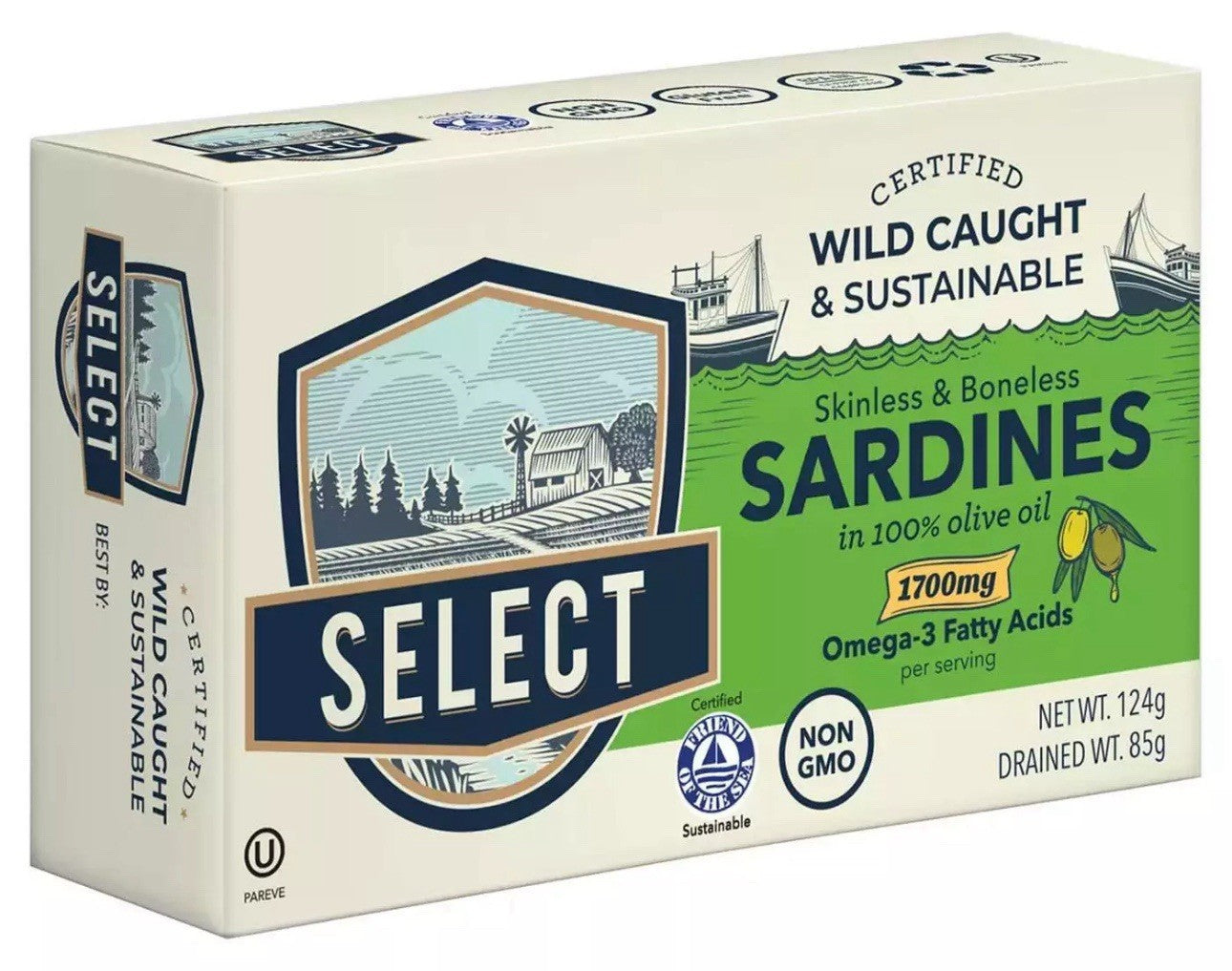 Select Skinless Boneless Sardines in Olive Oil Sustainably Season Pack 6 x 124g