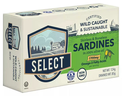 Select Skinless Boneless Sardines in Olive Oil Sustainably Season Pack 6 x 124g