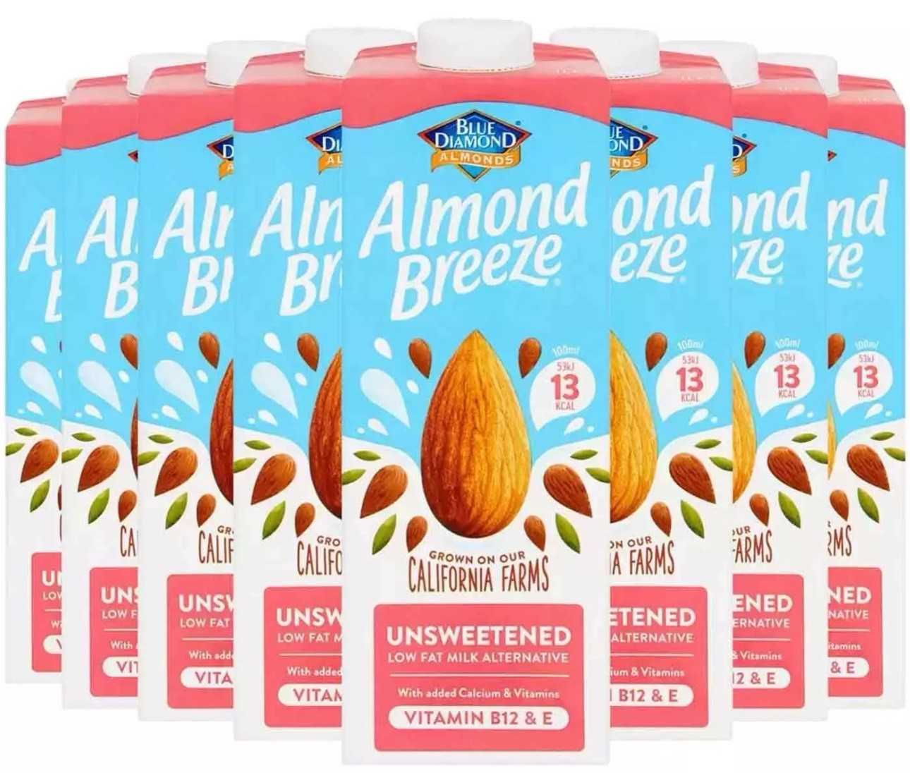 Blue Diamond Almond Breeze Unsweetened Drink Low Fat Milk Alternative Pack 8x 1L