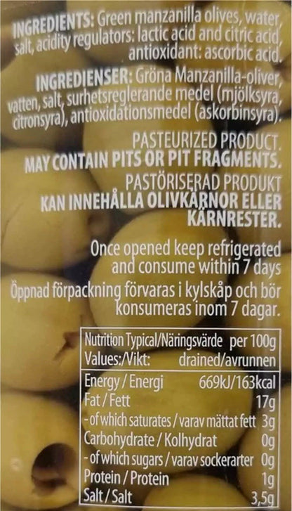 Manzanilla Pitted Green Olives Mediterranaean Snack Large Jar Spain Pack 2x 940g