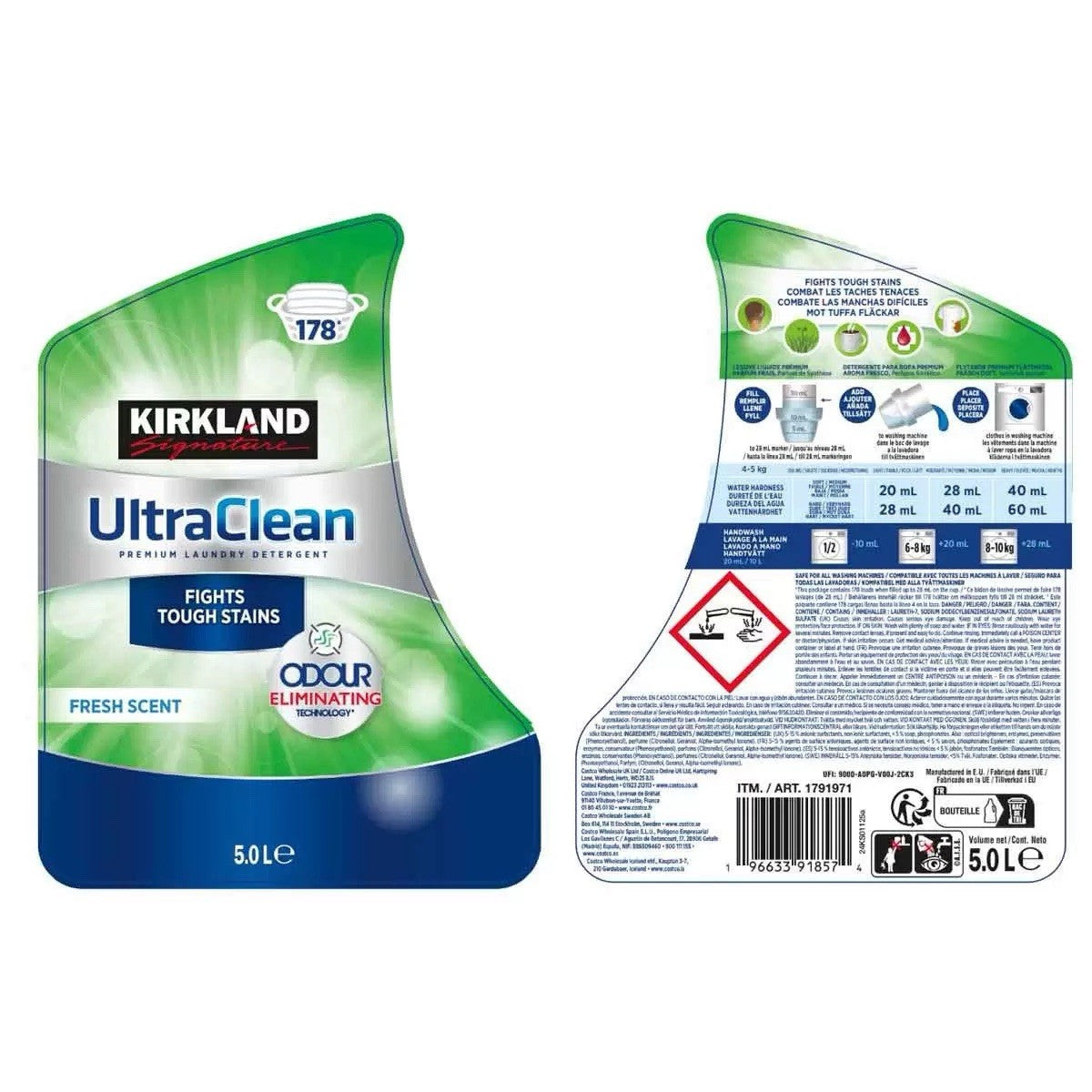 Kirkland Signature Ultra Clean Bio Laundry Detergent Odour 178 Washes Pack 5L