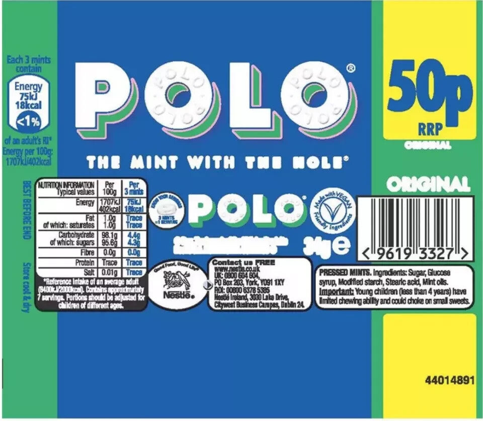 NESTLE POLO Mints Box of 32 Rolls of 34g Tubes (Polo Original)