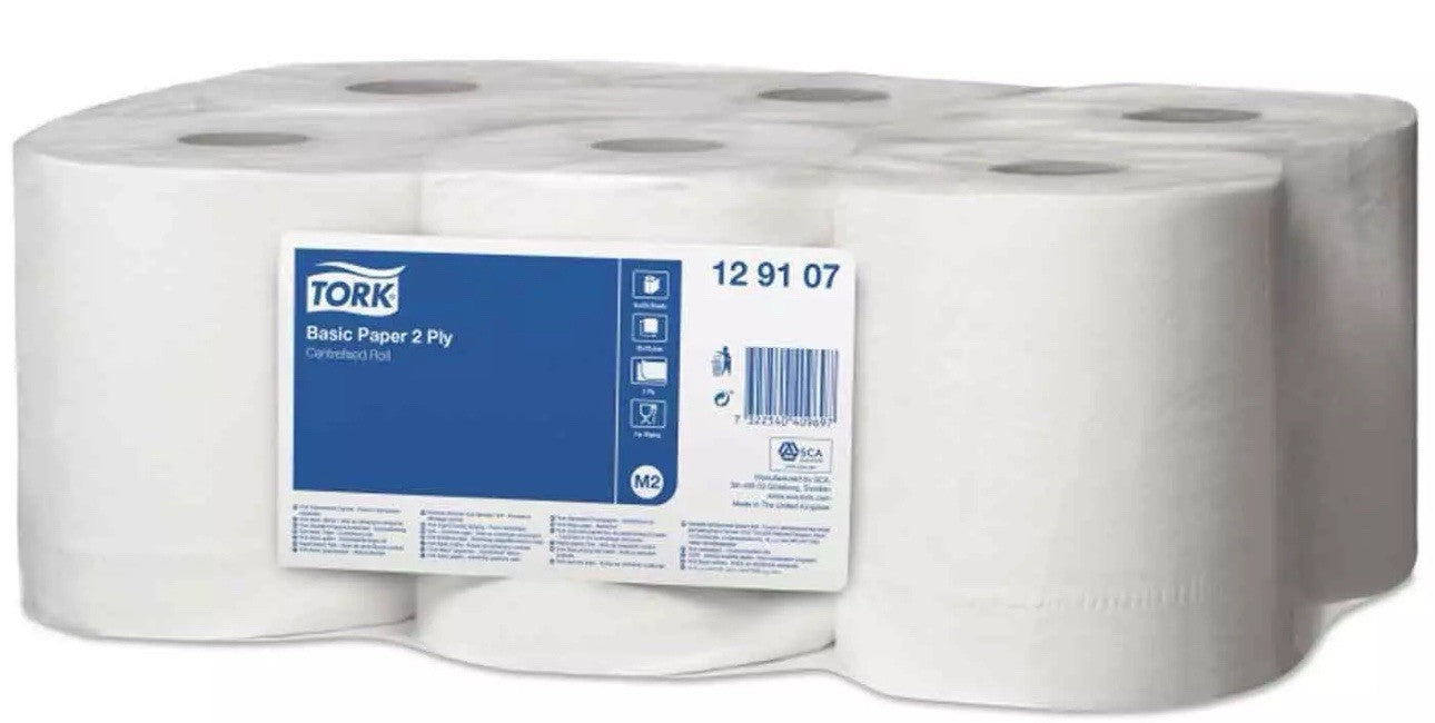 Tork 129107 Centrefeed 2-Ply Basic Wiping Paper - White (Pack of 6 Rolls)