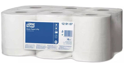 Tork 129107 Centrefeed 2-Ply Basic Wiping Paper - White (Pack of 6 Rolls)