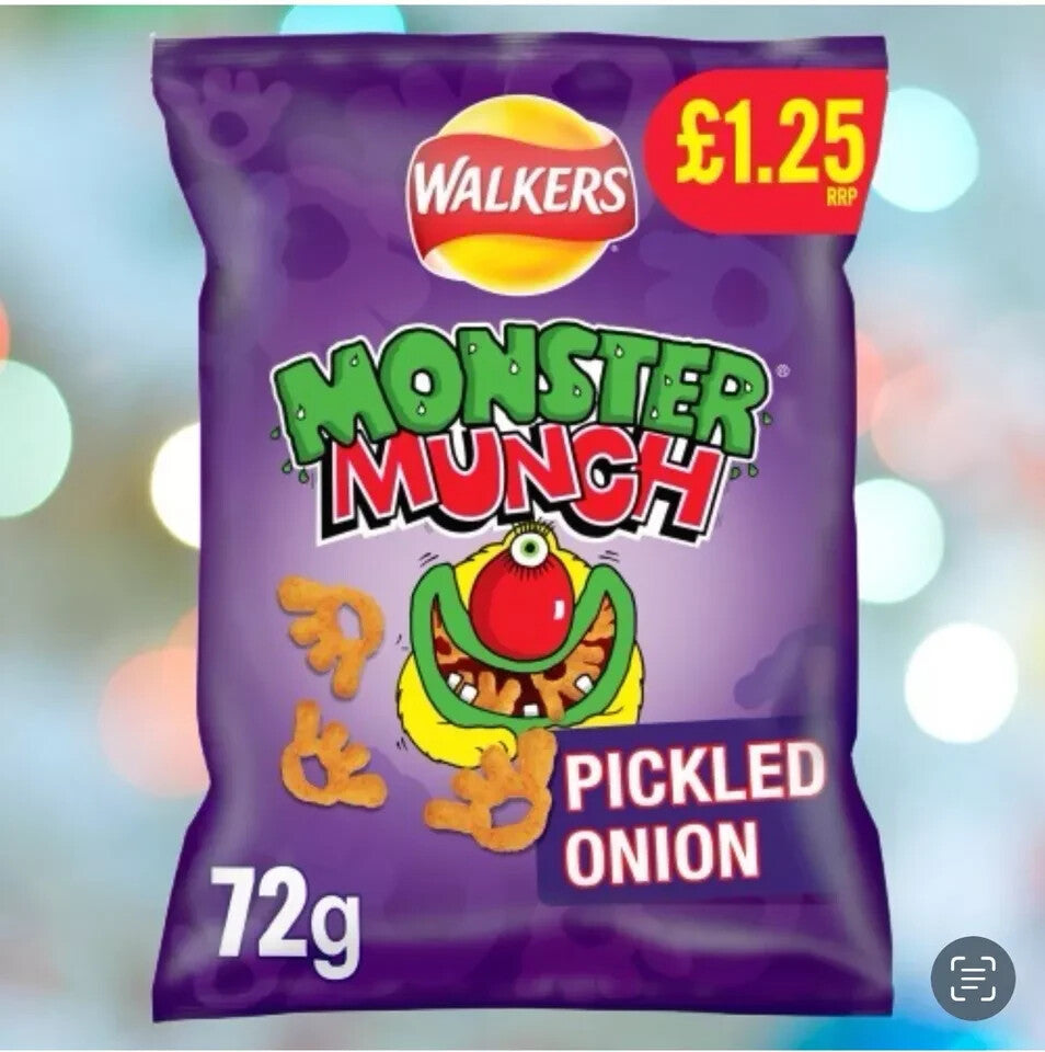 Monster Munch PICKLED ONION Snacks Crisps 18 x 72g Bags Full Box