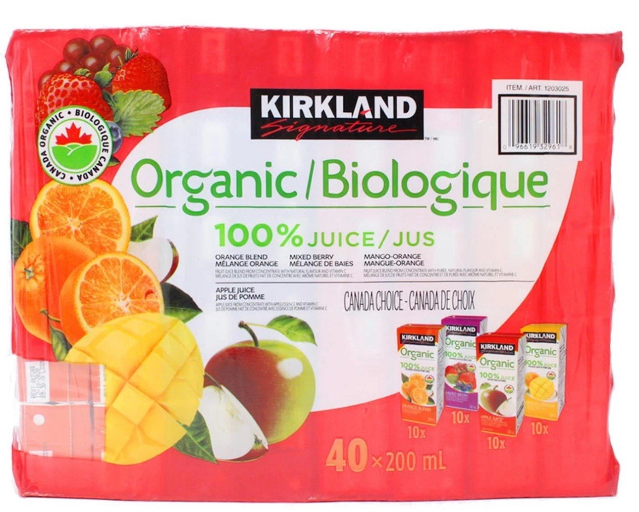 Kirkland Signature Organic Juice Assorted Fruit Flavours Cartons Pack 40 x 200ml