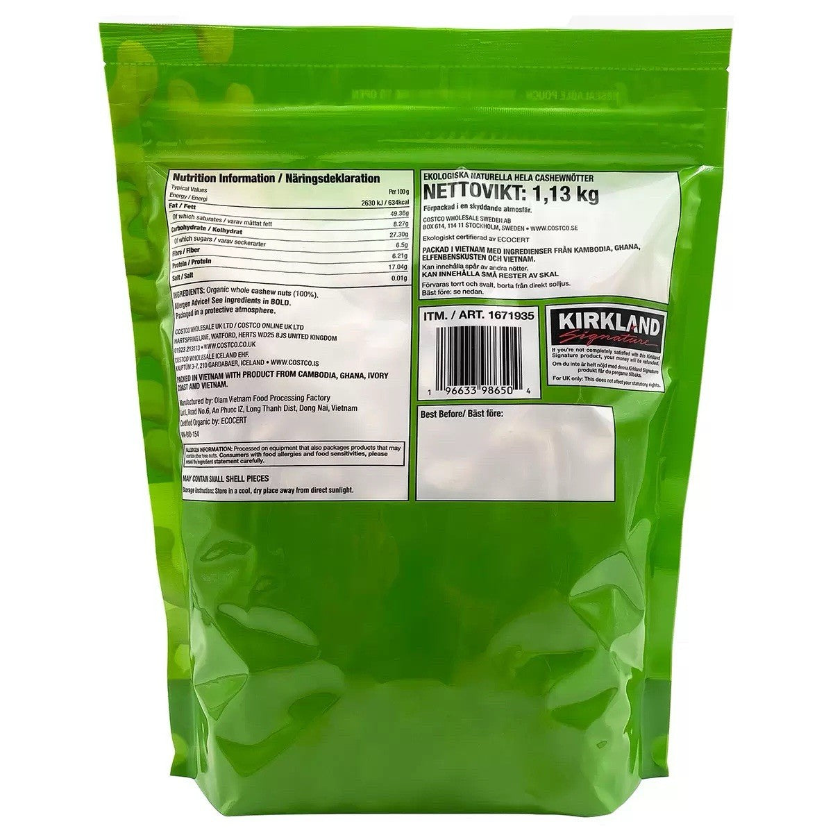 Kirkland Signature Organic Whole Cashews, Unsalted, Unroasted 1.13kg ,2 Pack