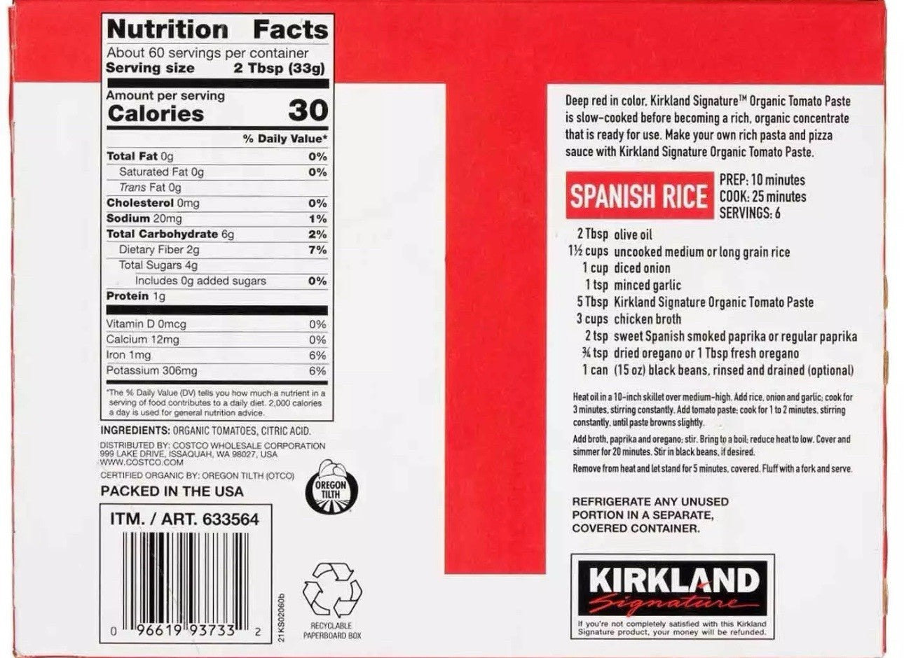 Kirkland Signature Organic Tomato Paste Pizza Pasta Sauce Tin Cans Pack 12x170g