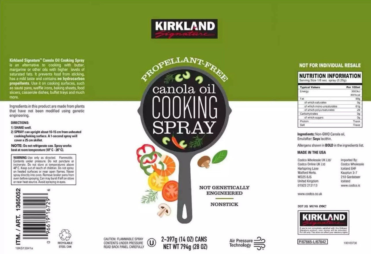 Kirkland Signature Canola Oil Cooking Spray Nonstick Propellant Free Pack 2x397g