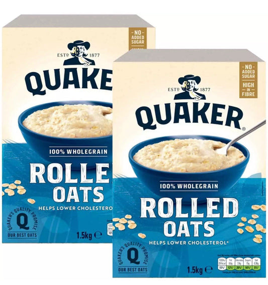 Quaker Rolled Oats Wholegrain Porridge Breakfast Cereal No Sugar Pack 2 x 1.5kg