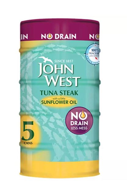 John West Tuna Steak in Sunflower Oil No Drain Less Mes Fish Tin Can Pack 5x110g