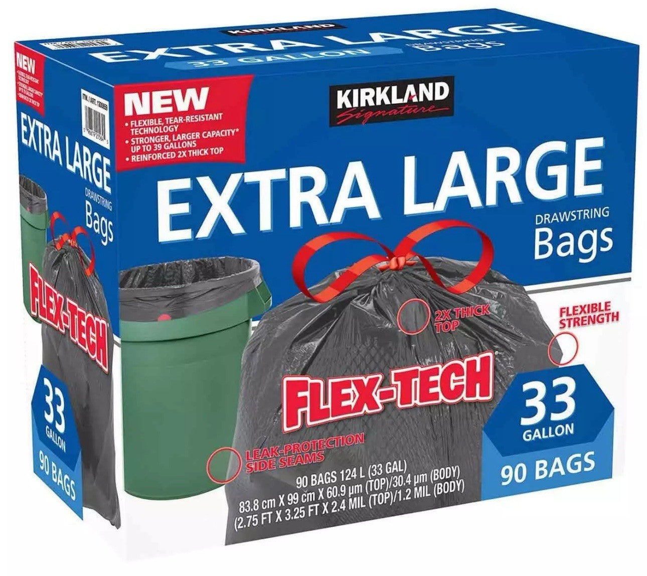 KIRKLAND SIGNATURE FLEX-TECH DRAWSTRING KITCHEN XL TRASH RUBBISH BIN 90 BAGS NEW