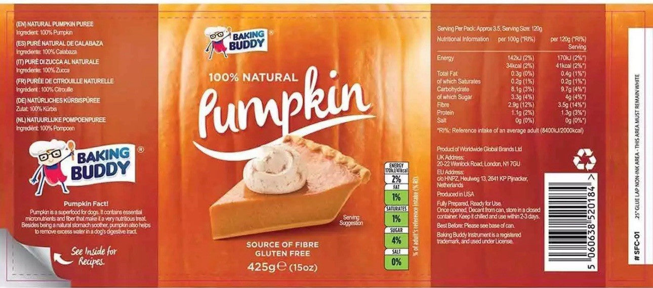 Baking Buddy Pumpkin Puree Natural Tin Cans Fibre Source Gluten Free Pack 3x425g