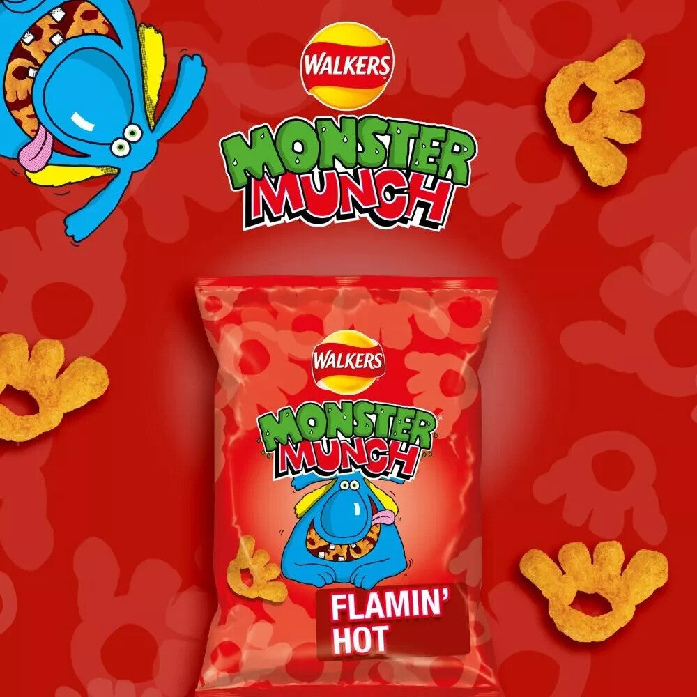 MONSTER MUNCH CRISPS SHARE BAGS FULL CASE OF 15 FLAMING HOT SWEET SPICY FLAVOUR