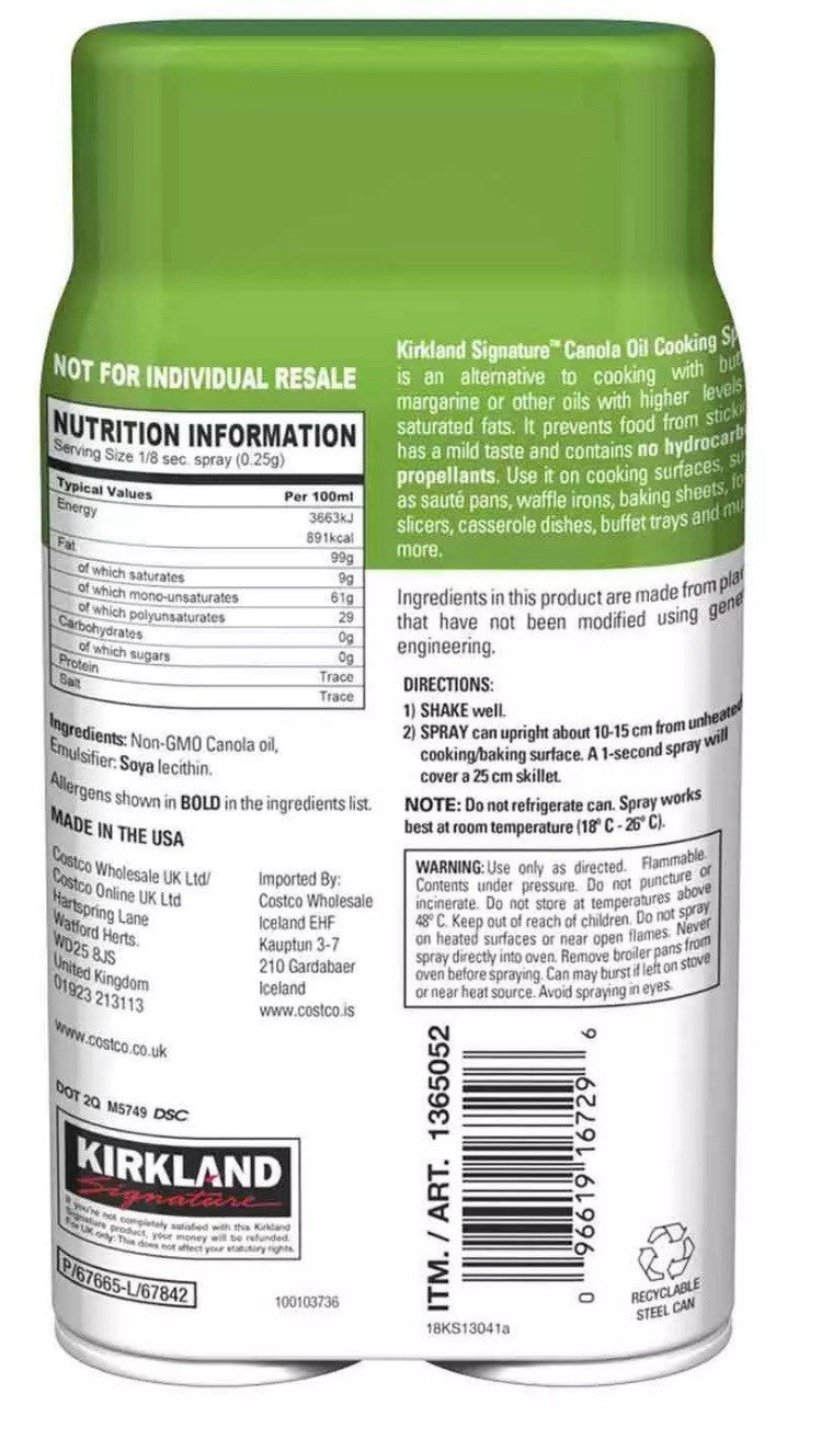 Kirkland Signature Canola Oil Cooking Spray Nonstick Propellant Free Pack 2x397g