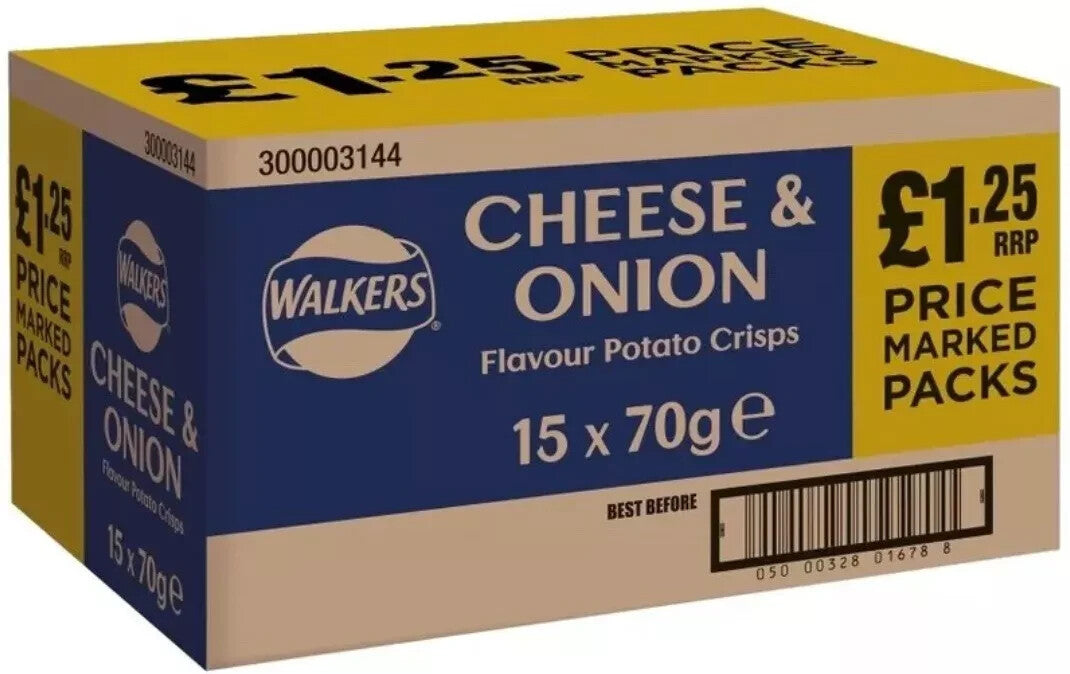 Full Box 18 Packs Walkers Cheese And Onion Crisps £1.25  RRP 70g