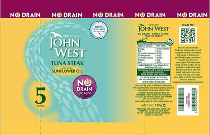 John West Tuna Steak in Sunflower Oil No Drain Less Mes Fish Tin Can Pack 5x110g