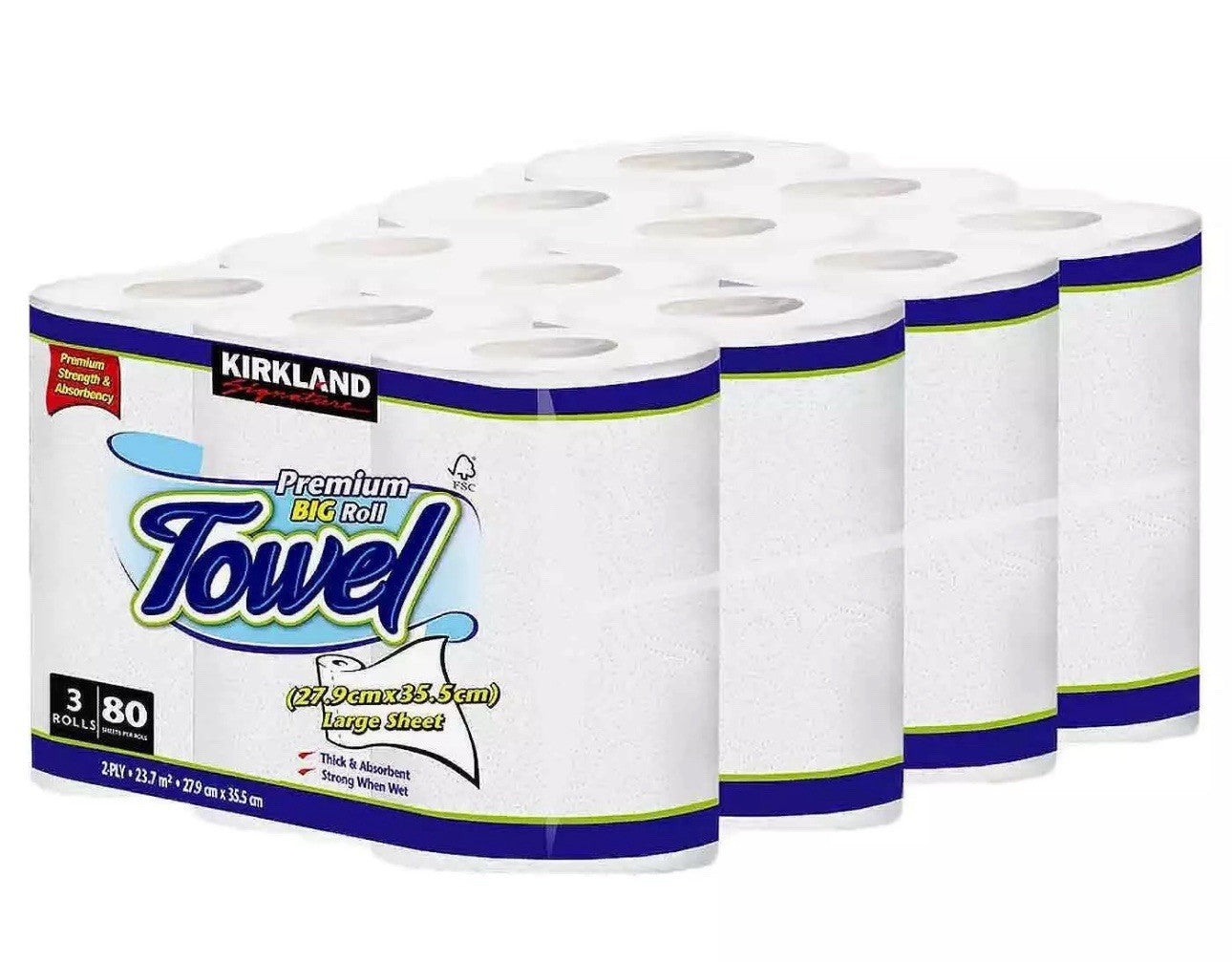 Kirkland Signature Kitchen Towel Thick Absorbent 80 Large Sheets - Pack 12 Rolls