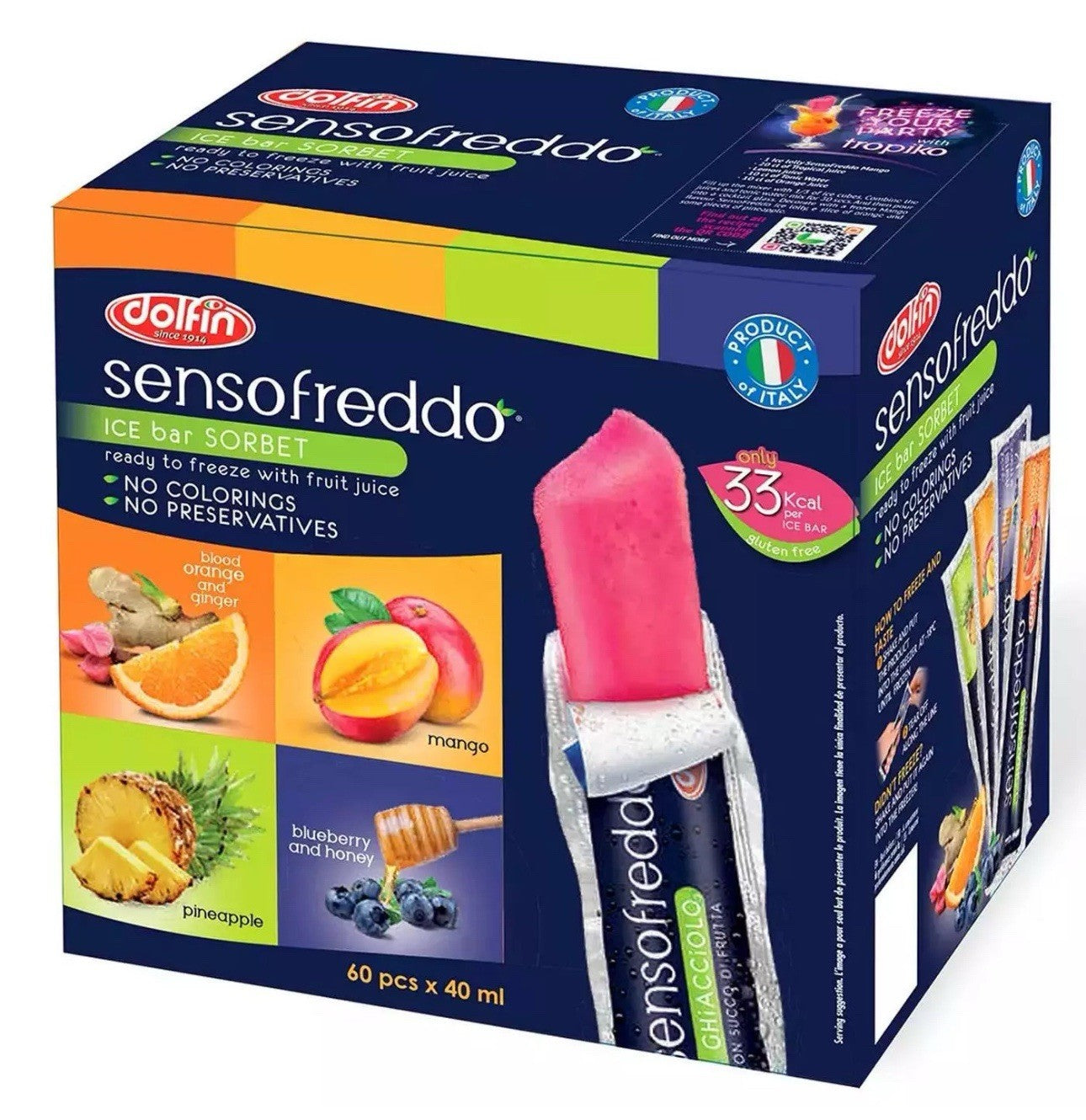 Sensofreddo  Real Fruit Juice Pops Ice Bar Lollies Sorbet Freeze  Pack 60 x 40ml