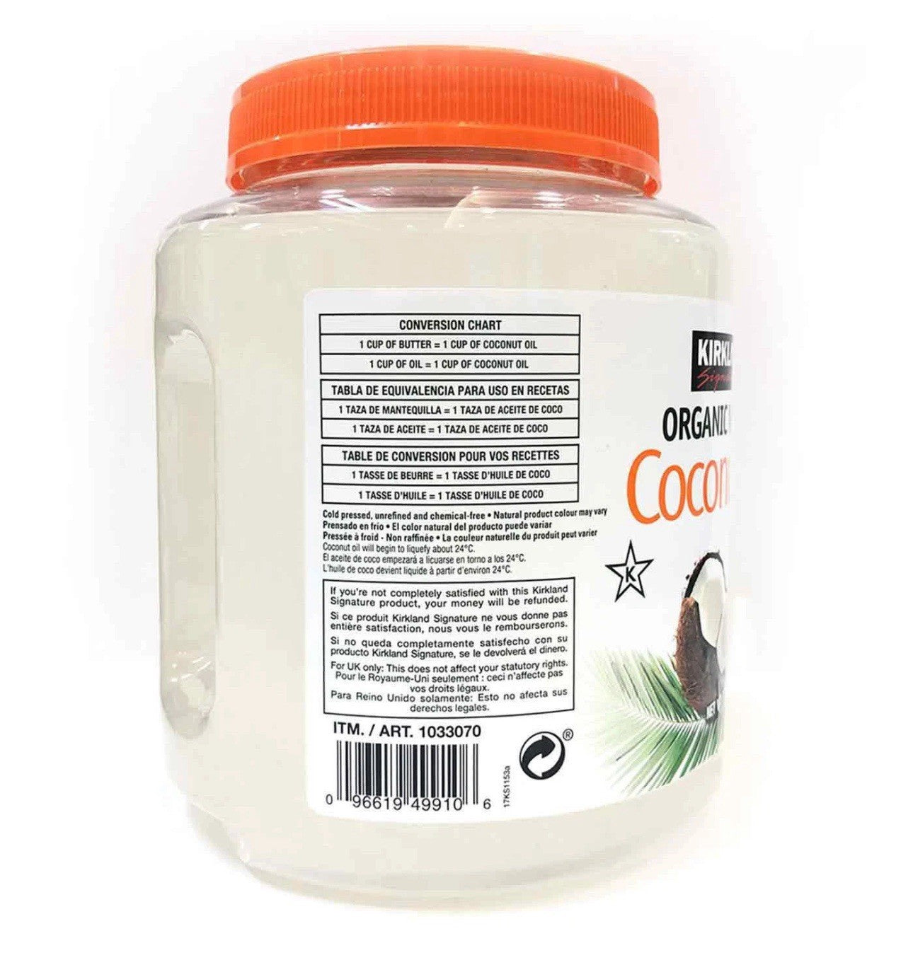Kirkland Signature Organic Virgin Coconut Oil Pure Pressed Unrefined Tub 2.28 kg