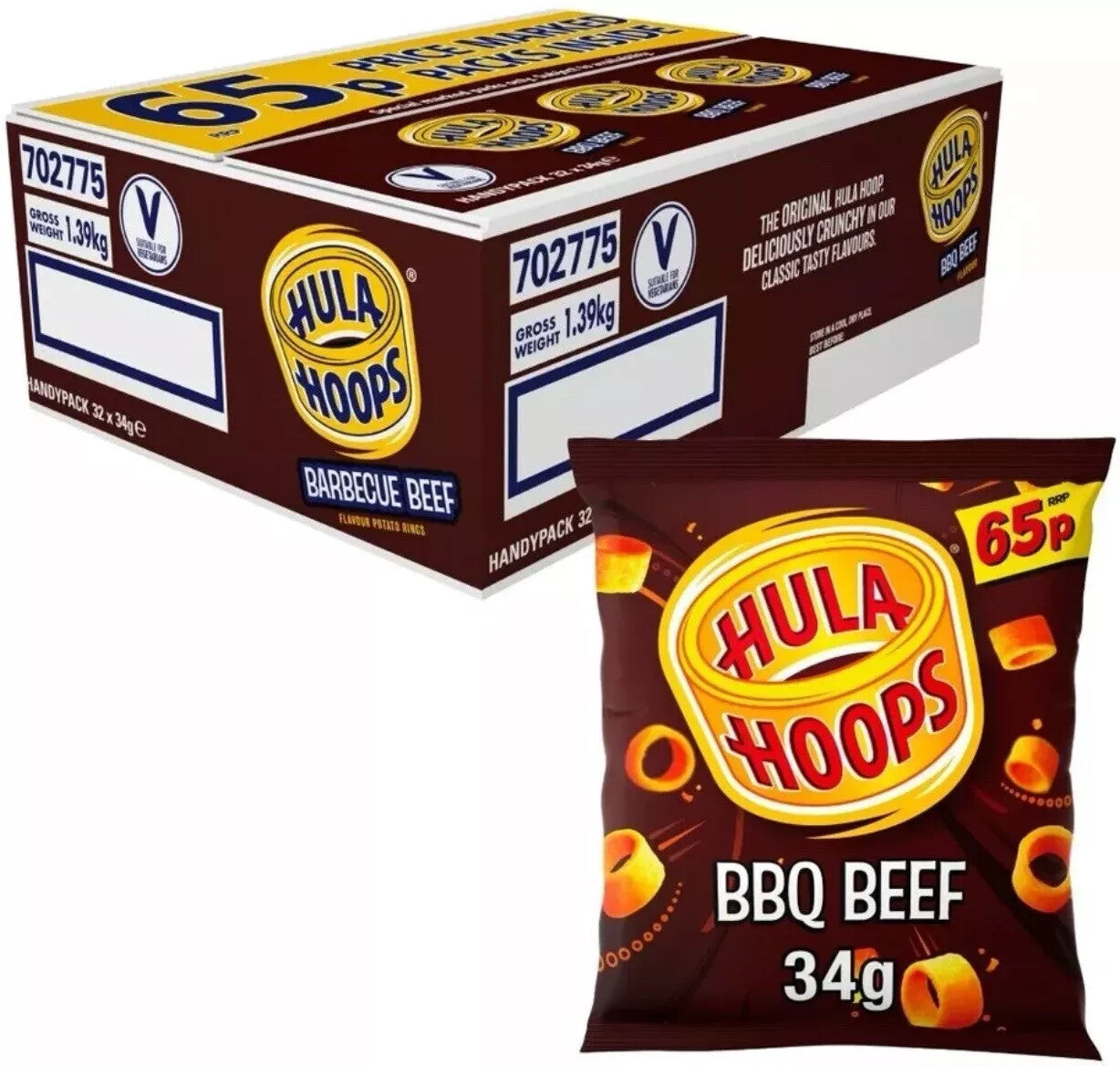 HULA HOOPS BBQ BEEF POTATO RINGS  34g  FULL BOX (PACK OF 32) ~Good