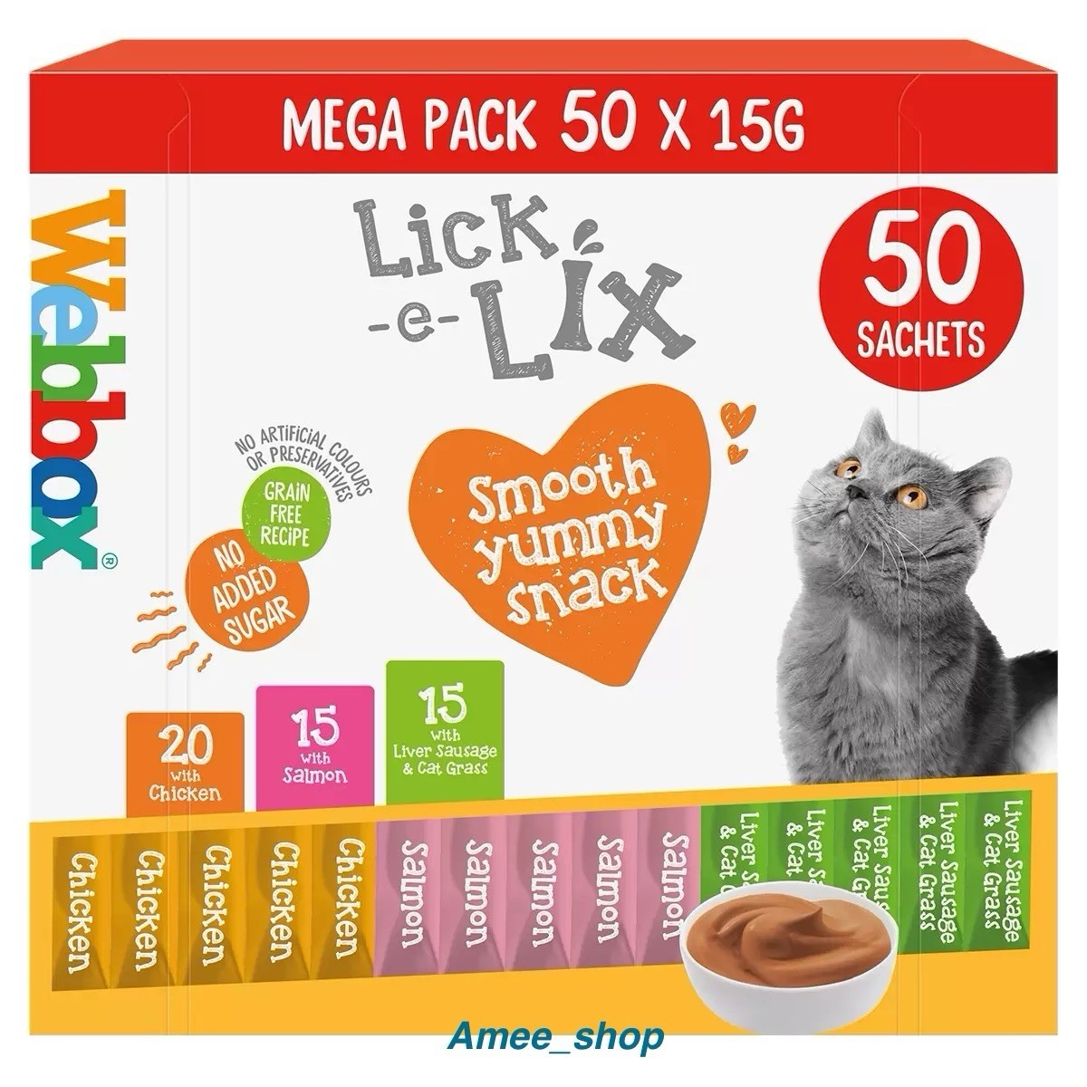 Webbox Lick-e-Lix Cat Treat Mega Mix Chicken Salmon Liver Sachets Pack 50 x 15g