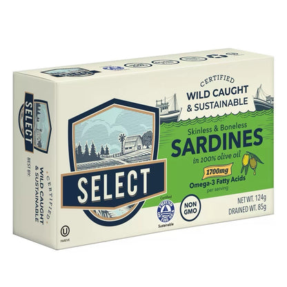 24 x 124g Select Sardines in Olive Oil Skinless Boneless Sustainably Harvest