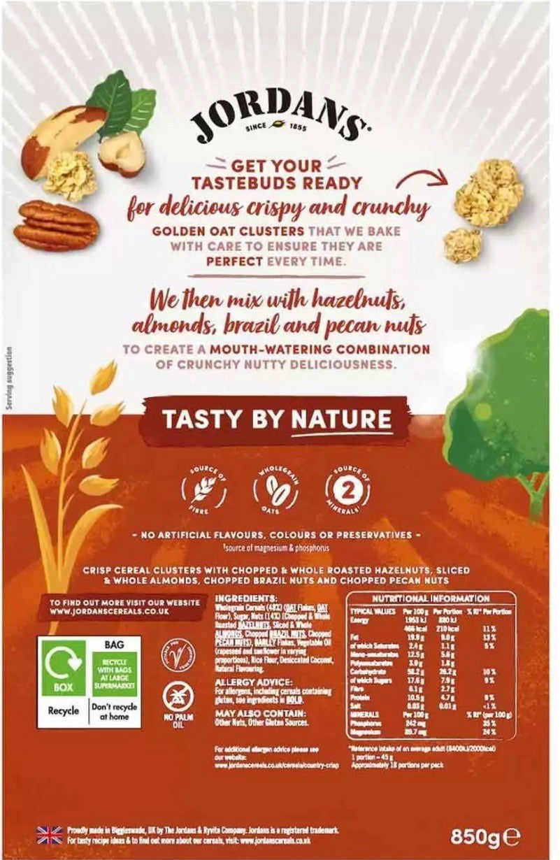 Jordans Country Crisp Chunky Nuts Oat Clusters Wholegrain Cereal Pack of 2x 850g